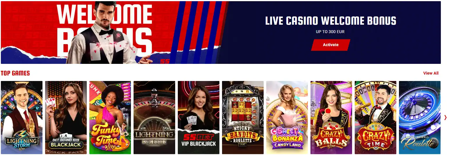 55Bet live casino welkomstpromotie en dealer spellen.